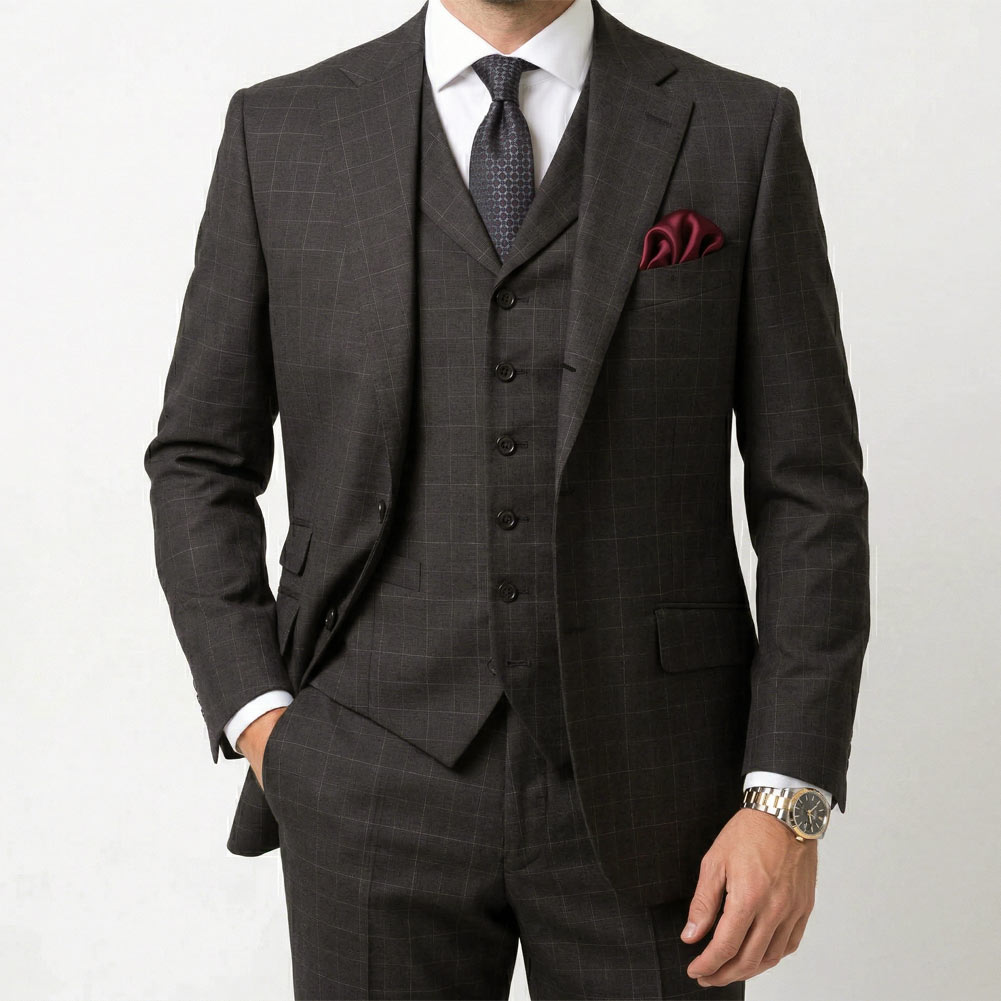 スーツ メンズ 春夏秋 スリーピース 3つボタン オックスフォードクラシック (OXFORD CLASSIC) 英国調 段返り三つボタン チェンジポケット付 シングルスーツ ビジネススーツ オーバーペンチェック ダークブラウン 0058 A3 A4 AB4 AB8