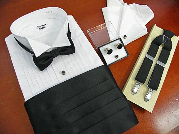 タキシード用品 6点セット(シャツ・蝶ネクタイ・カマーバンド・カフス＆スタッド・サスペンダー・ポケットチーフ) メンズ S M L LL