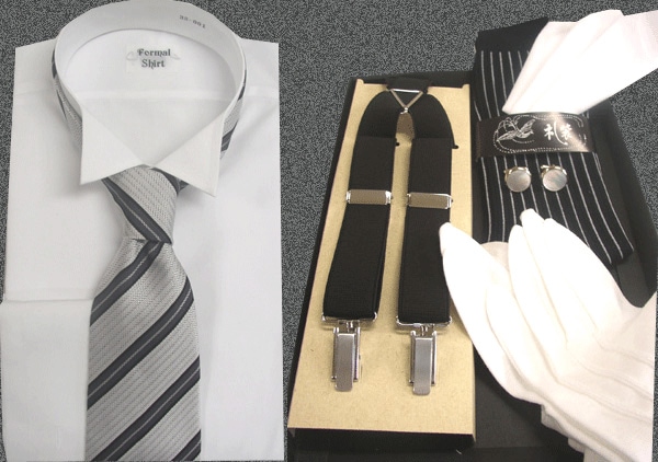 モーニング用品 7点セット(シャツ・ネクタイ・サスペンダー・カフス・手袋・ポケットチーフ・靴下) メンズ S M L LL