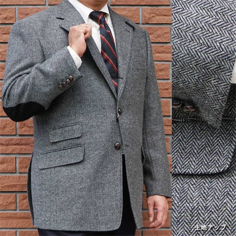 ツイード ジャケット メンズ 秋冬 3つボタン オックスフォードクラシック (OXFORD CLASSIC) 段返り三つボタン エルボーパッチ付き ヘリンボーン グレー 0518 A4 A6 A8 AB4