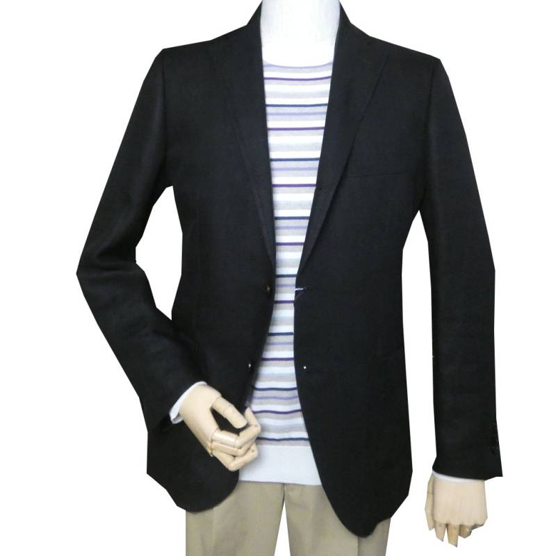 ジャケット メンズ 春夏 麻100% ブラックジャケット 3つボタン オックスフォードクラシック プレミアムライン (OXFORD CLASSIC PremiumLine) 段返り三つボタン ヘリンボーン 黒 2709 A3サイズ