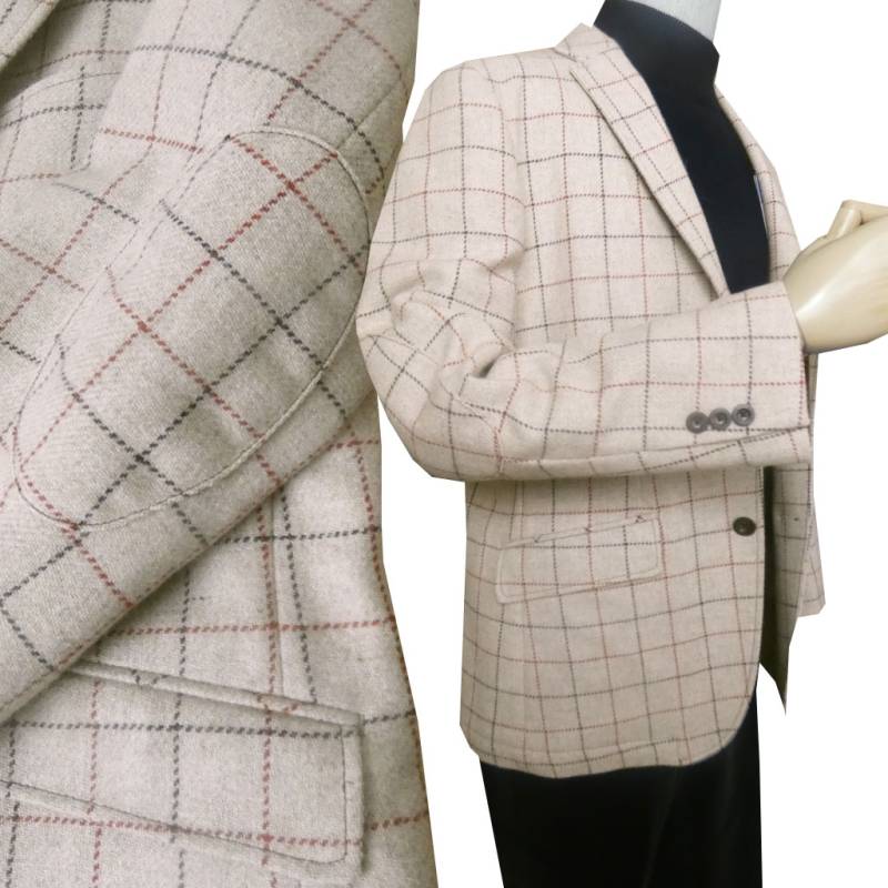 ジャケット メンズ 秋冬春 3つボタン ハイバセロン (HAI-VASERON) 段返り三つボタン エルボーパッチ付 オーバーペンチェック ベージュ系 3333 ABL ABLL
