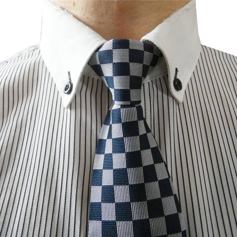 ネクタイ フック式 カンタンネクタイ メンズ ビジネス おしゃれ ギフト 人気 ブロックチェック シルバーグレー×ネイビー 501K