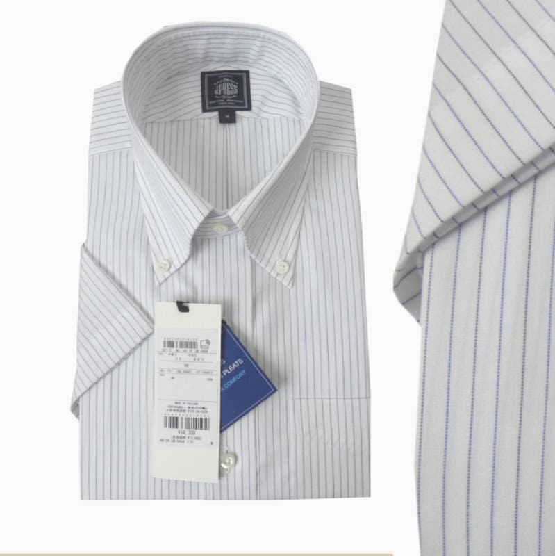 【形態安定】ジェイプレス (J.PRESS) ボタンダウンシャツ メンズ 春夏 半袖 白地に青×黒 ピンストライプ 4175   S