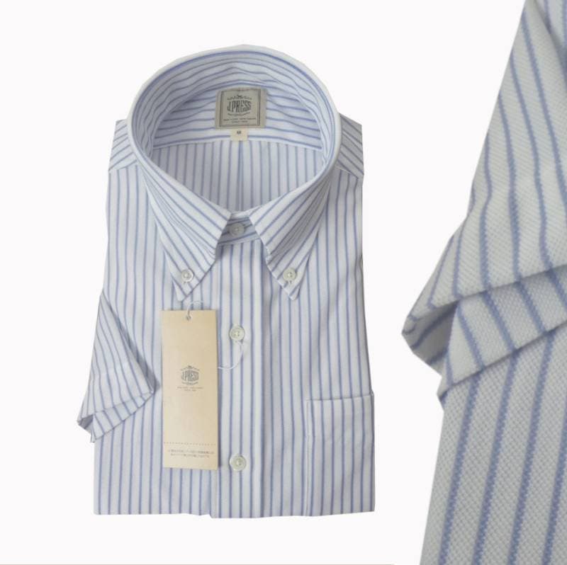 J.PRESS(ジェイプレス) ボタンダウン ジャージーシャツ メンズ 半袖シャツ 白×ブルー ストライプ 1173　M 