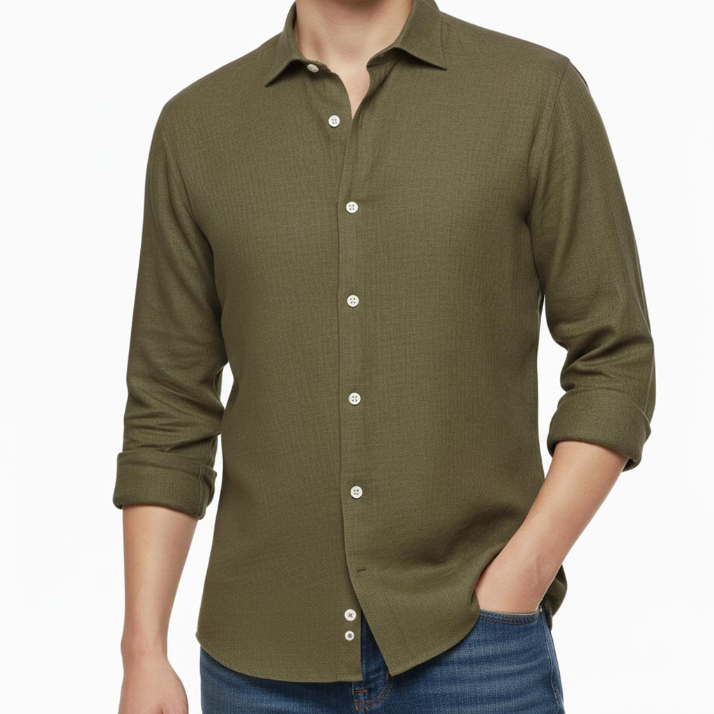 G-stage 長袖シャツ メンズ ホリゾンタルカラー 麻100％ カーキ系 1016  M（46）