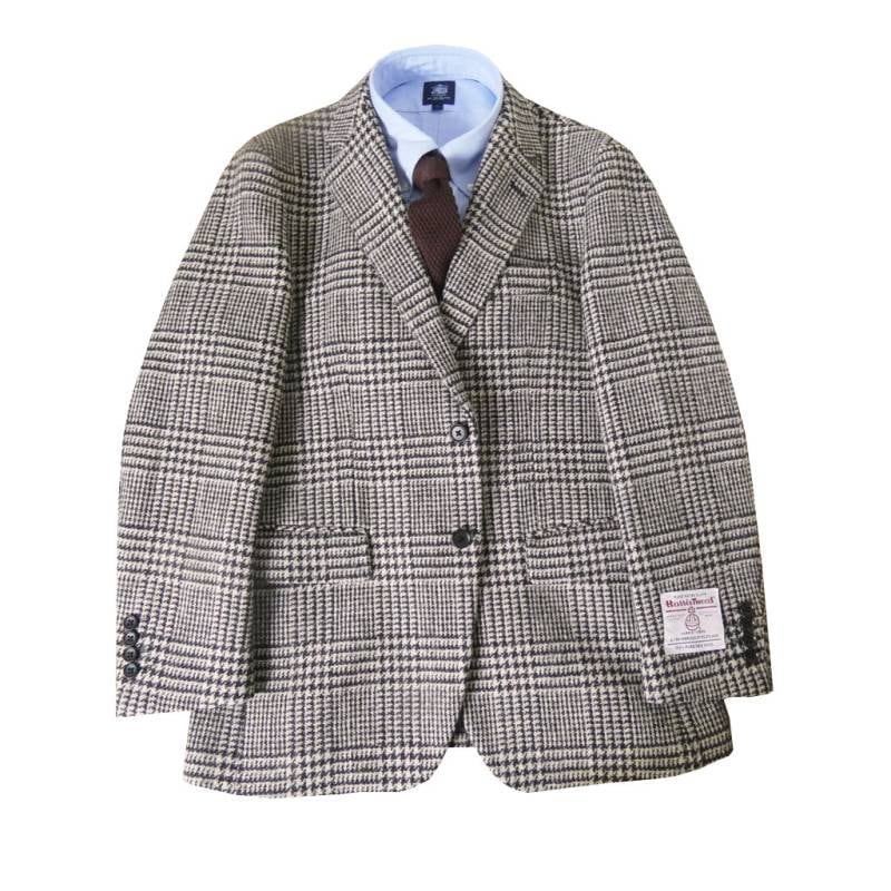 秋冬 ハリスツイード ジャケット グレンチェック 2つボタン メンズ ブレザー ブラウン系 OXFORD CLASSIC 1952  BB5