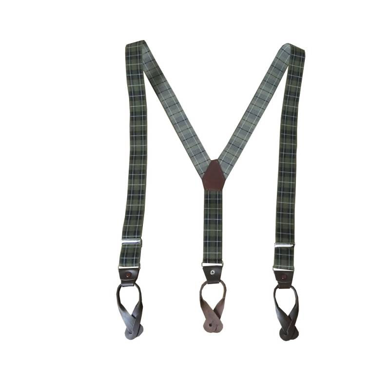 サスペンダー メンズ Ｙ型サスペンダー 35mm 本革 七々子 カシメボタン式 ゲバルト カーキ系 タータンチェック  S13  Mサイズ