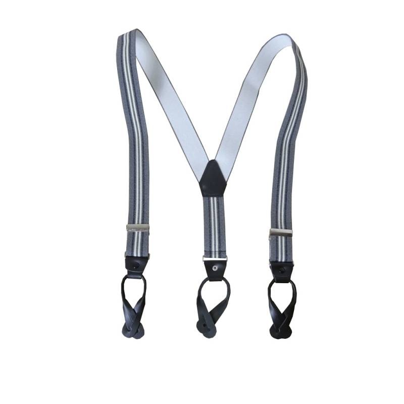 サスペンダー メンズ Ｙ型サスペンダー 35mm 本革 七々子 カシメボタン式 ゲバルト ストライプ グレー×白  S16    L