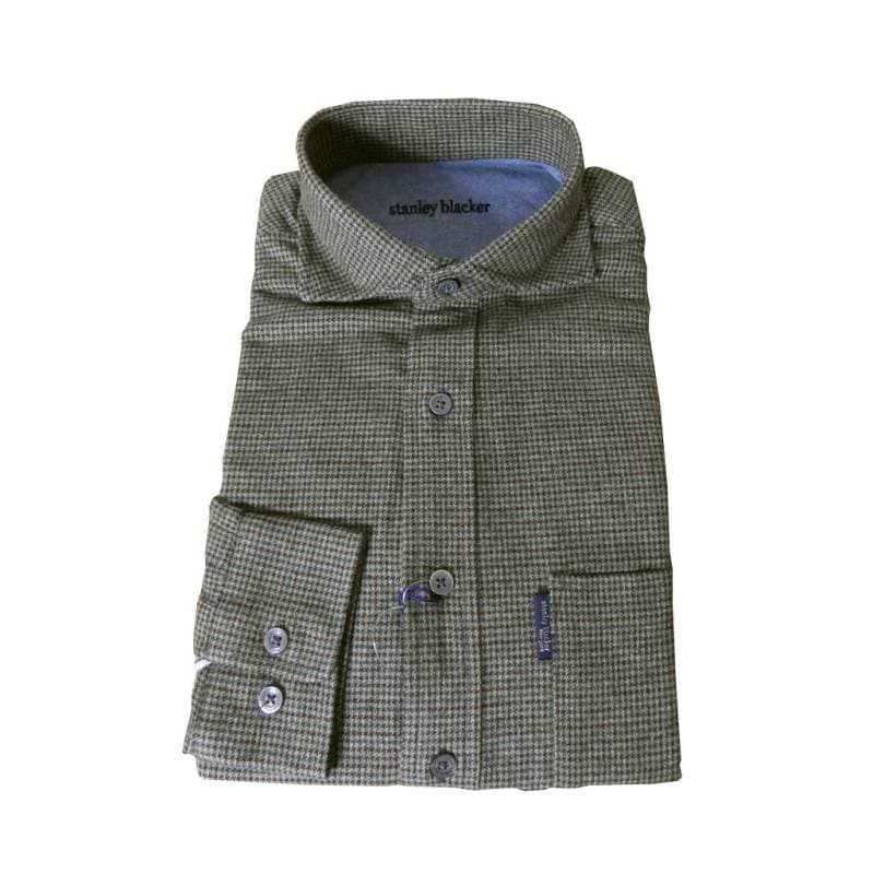 stanley blackerの長袖ネルシャツ ホリゾンタルカラー カーキ系ガンクラブチェック 0610　M  L