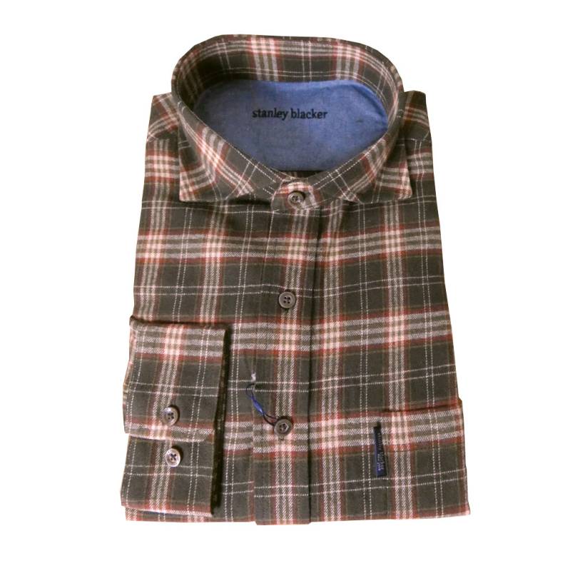 stanley blackerの長袖ネルシャツ ホリゾンタルカラー ダークブラウン×ベージュ×レッド チェック 0855　L  LL