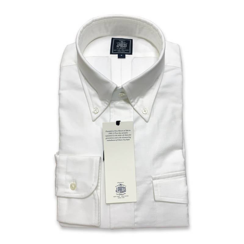 【再入荷】J.PRESS(ジェイプレス) ボタンダウンシャツ メンズ長袖ワイシャツ オックスフォード ホワイト  （衿39-裄丈84cm）（衿41-裄丈85cm）（衿43-裄丈86cm）