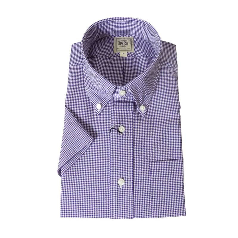 ジェイプレス (J.PRESS) シアサッカー ボタンダウンシャツ メンズ半袖シャツ パープル系 ギンガムチェック  0380  M L XL