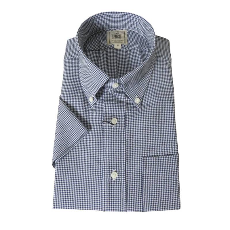 ジェイプレス (J.PRESS) シアサッカー ボタンダウンシャツ メンズ半袖シャツ ネイビー系 ギンガムチェック  1375  M L XL