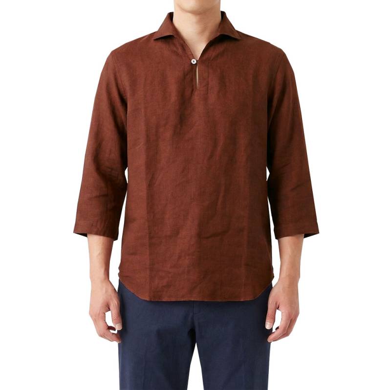 GALLIPOLI camiceria(ガリポリカミチェリア) 七分丈 麻100% カプリシャツ リネン メンズ ホリゾンタルカラー エンジ系 5013   M（46）L（48）LL（50）