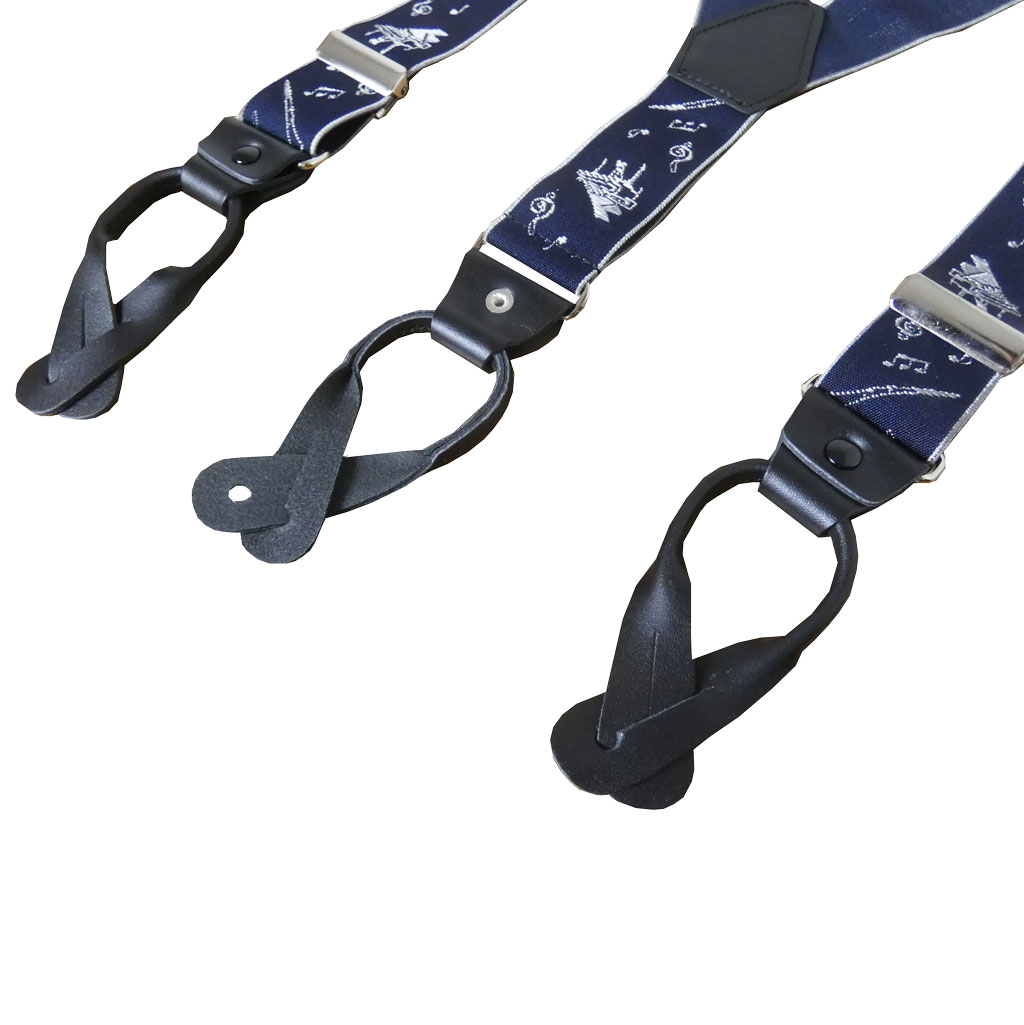 サスペンダー メンズ Ｙ型サスペンダー 35mm 本革 七々子 カシメボタン式 ゲバルト 楽器 ネイビー  S03  Mサイズ