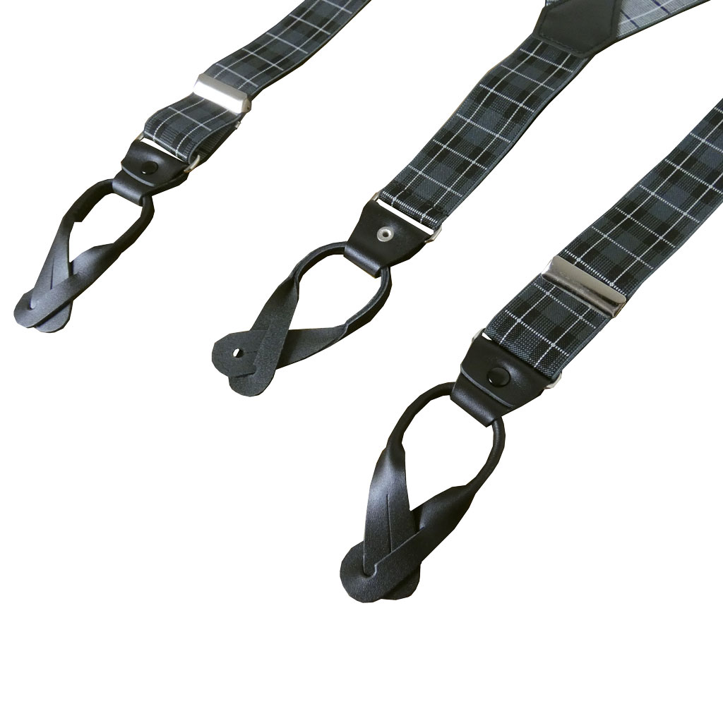サスペンダー メンズ Ｙ型サスペンダー 35mm 本革 七々子 カシメボタン式 ゲバルト ブラック 黒 タータンチェック  S07  Lサイズ