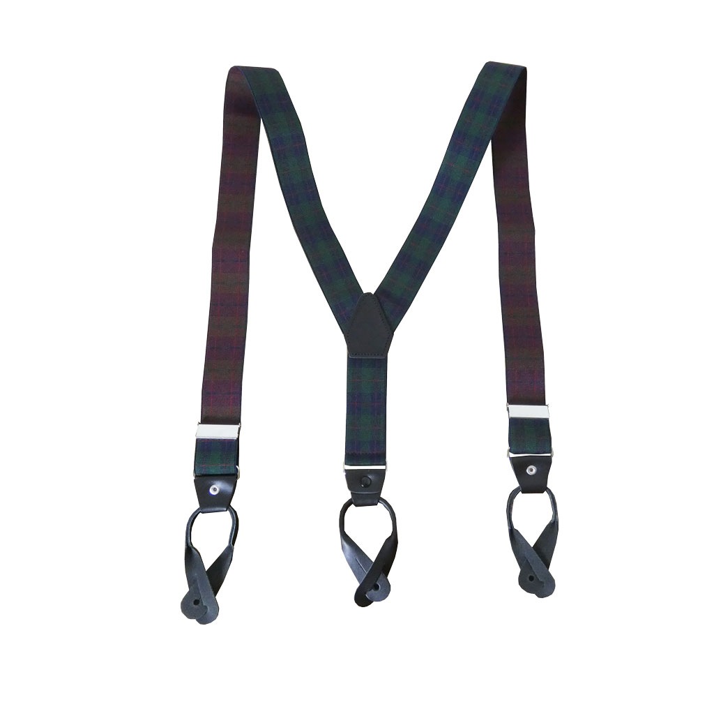 サスペンダー メンズ Ｙ型サスペンダー 35mm 本革 七々子 カシメボタン式 ゲバルト タータンチェック グリーン  S10  Mサイズ
