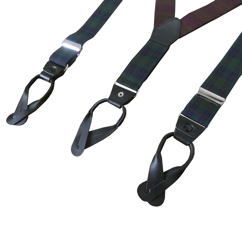 サスペンダー メンズ Ｙ型サスペンダー 35mm 本革 七々子 カシメボタン式 ゲバルト タータンチェック グリーン  S10  Mサイズ