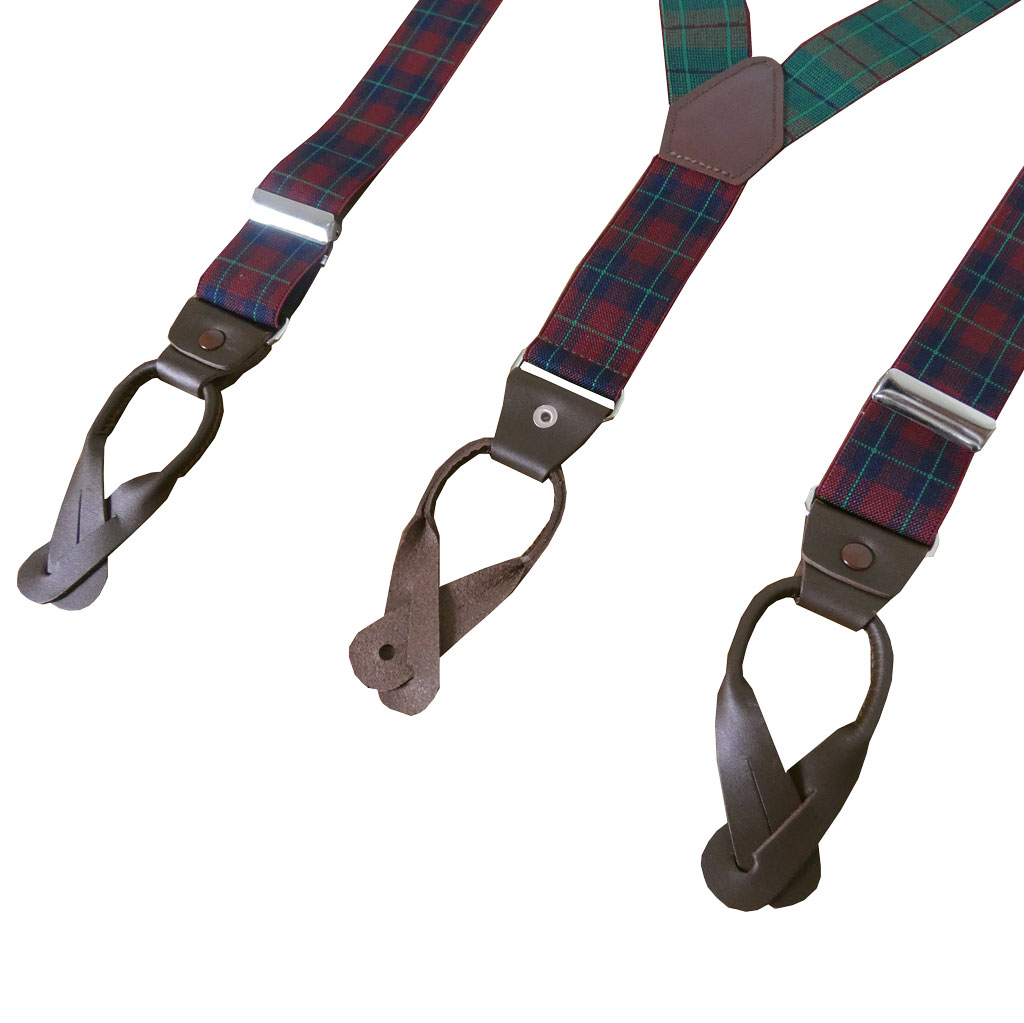 サスペンダー メンズ Ｙ型サスペンダー 35mm 本革 七々子 カシメボタン式 ゲバルト タータンチェック 赤×緑  S11  Mサイズ