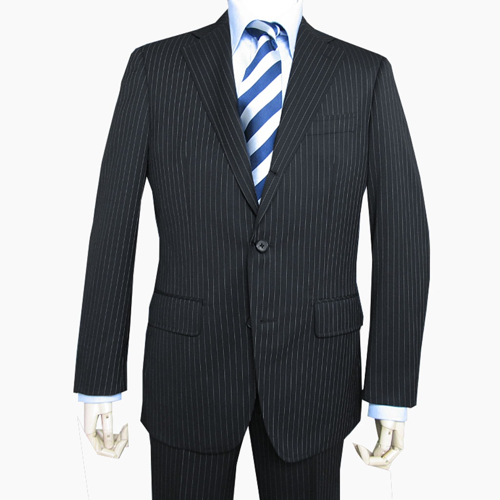 スーツ メンズ 春夏秋 シングルスーツ 3つボタン グラードコレクション(grado collection)  段返り三つボタン ブラックストライプ 黒 43L A4 AB8