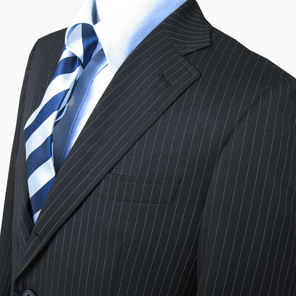 スーツ メンズ 春夏秋 シングルスーツ 3つボタン グラードコレクション(grado collection)  段返り三つボタン ブラックストライプ 黒 43L A4 AB8