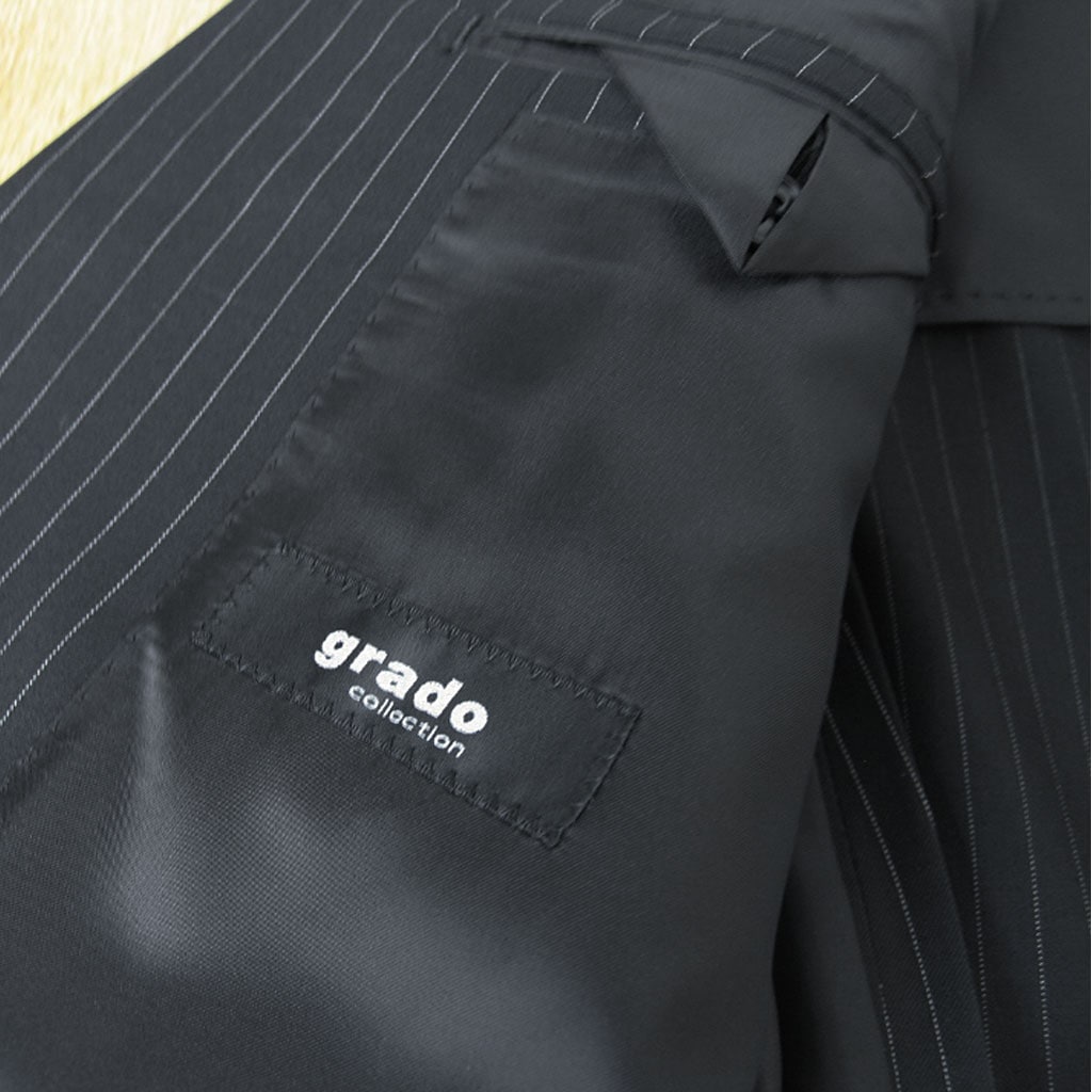 スーツ メンズ 春夏秋 シングルスーツ 3つボタン グラードコレクション(grado collection)  段返り三つボタン ブラックストライプ 黒 43L A4 AB8