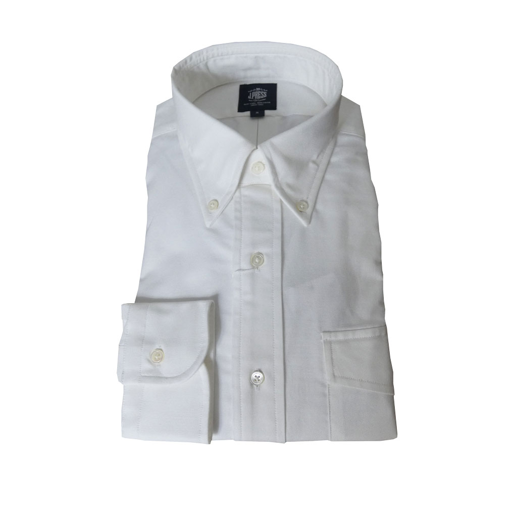 【再入荷】J.PRESS(ジェイプレス) ボタンダウンシャツ メンズ長袖ワイシャツ オックスフォード ホワイト  （衿39-裄丈84cm）（衿41-裄丈85cm）（衿43-裄丈86cm）