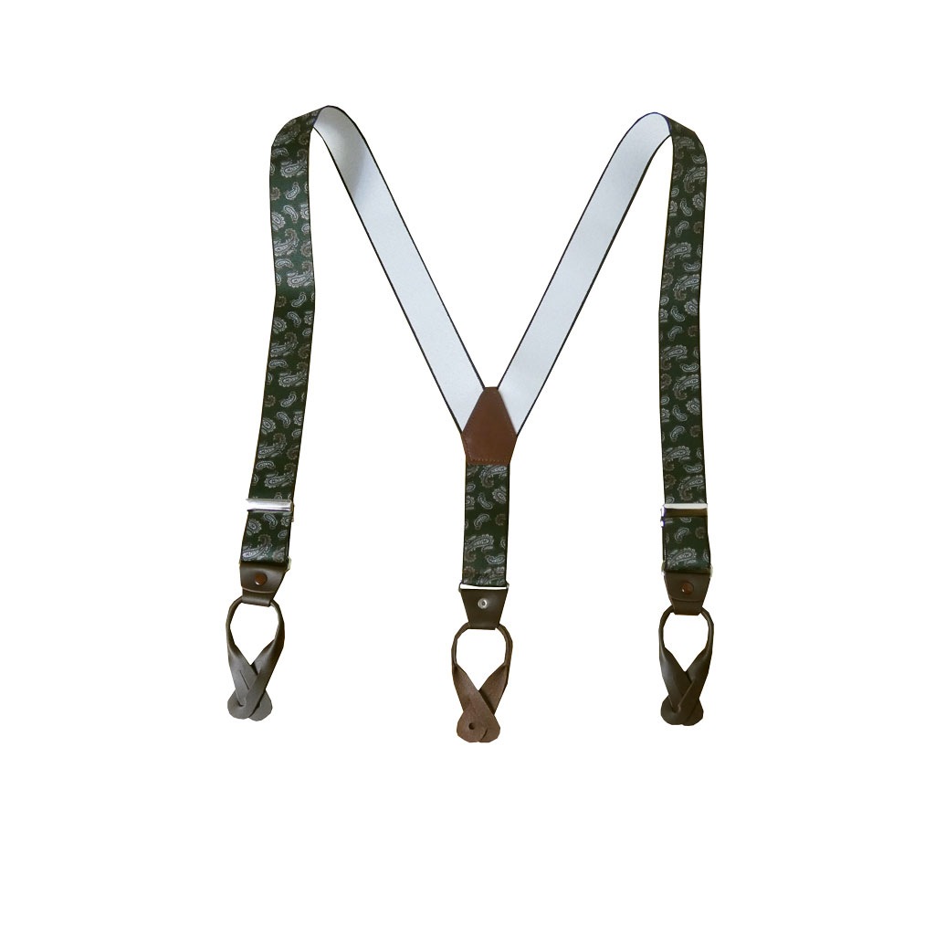 サスペンダー メンズ Ｙ型サスペンダー 35mm 本革 七々子 カシメボタン式 ゲバルト  ペイズリー グリーン S23    Mサイズ