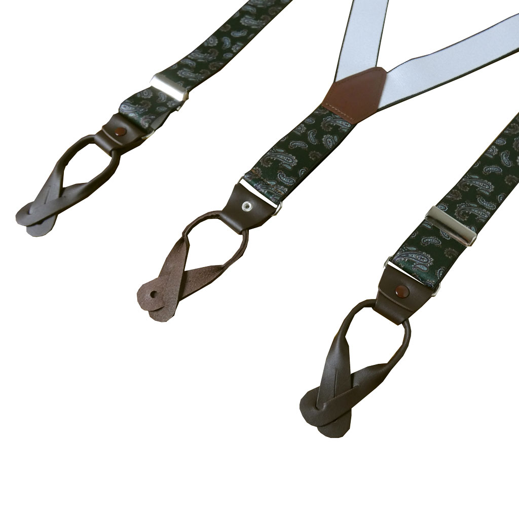 サスペンダー メンズ Ｙ型サスペンダー 35mm 本革 七々子 カシメボタン式 ゲバルト  ペイズリー グリーン S23    Mサイズ