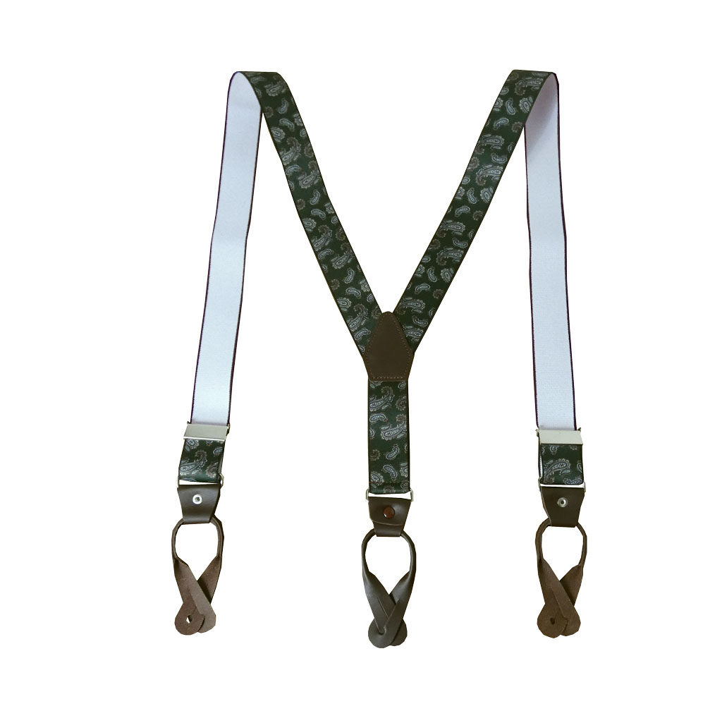 サスペンダー メンズ Ｙ型サスペンダー 35mm 本革 七々子 カシメボタン式 ゲバルト  ペイズリー グリーン S23    Mサイズ