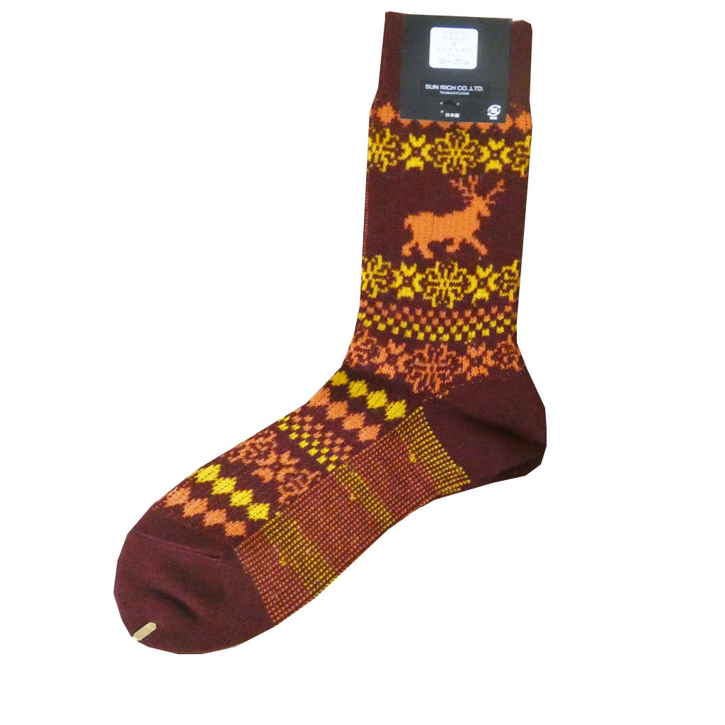 レノマ パリス(renoma PARIS) ソックス 靴下 トナカイ 赤茶×黄×オレンジ　R08  25～27cm