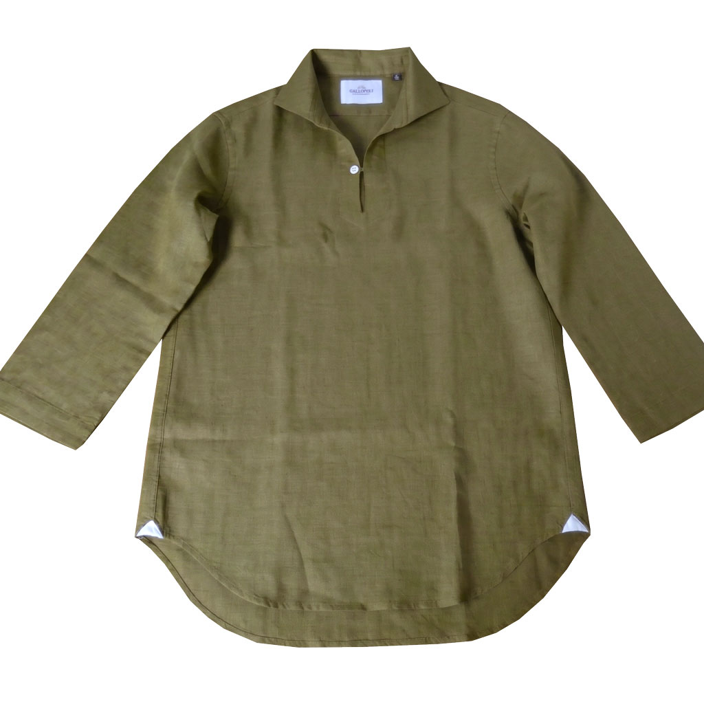 GALLIPOLI camiceria(ガリポリカミチェリア) 七分丈 麻100% カプリシャツ リネン メンズ ホリゾンタルカラー カーキ系 5016   M（46）L（48）