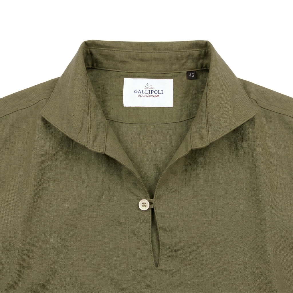 GALLIPOLI camiceria(ガリポリカミチェリア) 七分丈 麻100% カプリシャツ リネン メンズ ホリゾンタルカラー カーキ系 5016   M（46）L（48）