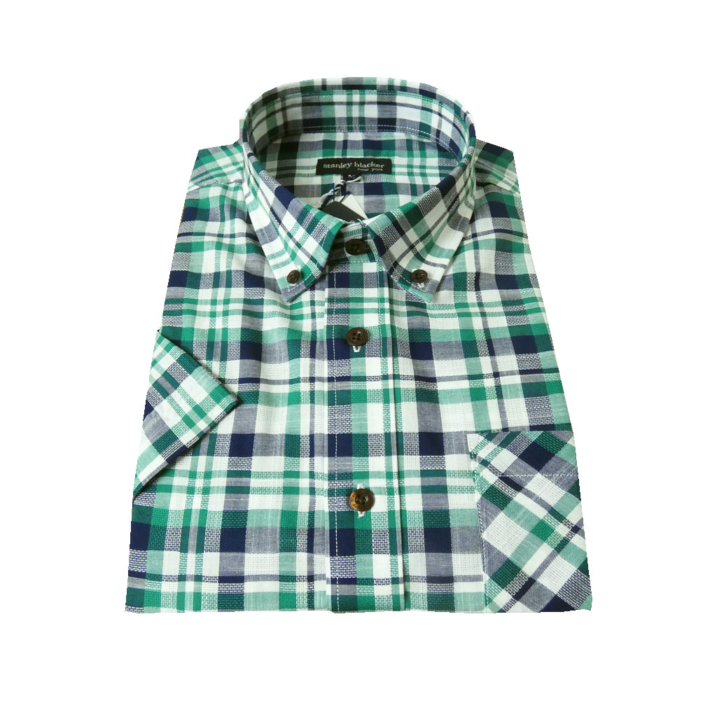 Stanley Blacker スタンリーブラッカー ボタンダウンシャツ 半袖シャツ メンズ 春夏 グリーン ネイビー ホワイト チェック 0575 M L Ll 3l シャツ トラッドハウス フキヤ