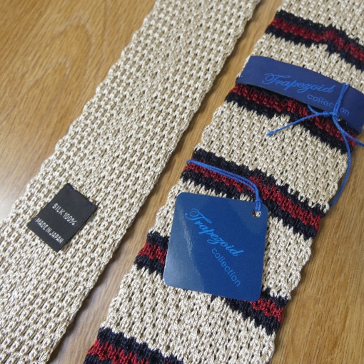 ニットタイ メンズ カジュアル ギフト 人気 おしゃれ トラペゾイドコレクション(Trapezoid collection) ボーダー シルク ベージュ×ネイビー×レッド T10