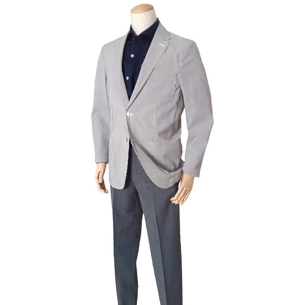 NEUTRAL POSITION 春夏 メンズ シアサッカー ジャケット 2つボタン グレーシュネイビー　0708　S M L LL 3L