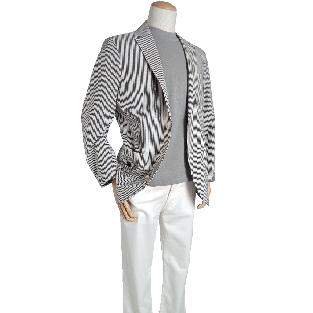 NEUTRAL POSITION 春夏 メンズ シアサッカー ジャケット 2つボタン グレーシュネイビー　0708　S M L LL 3L