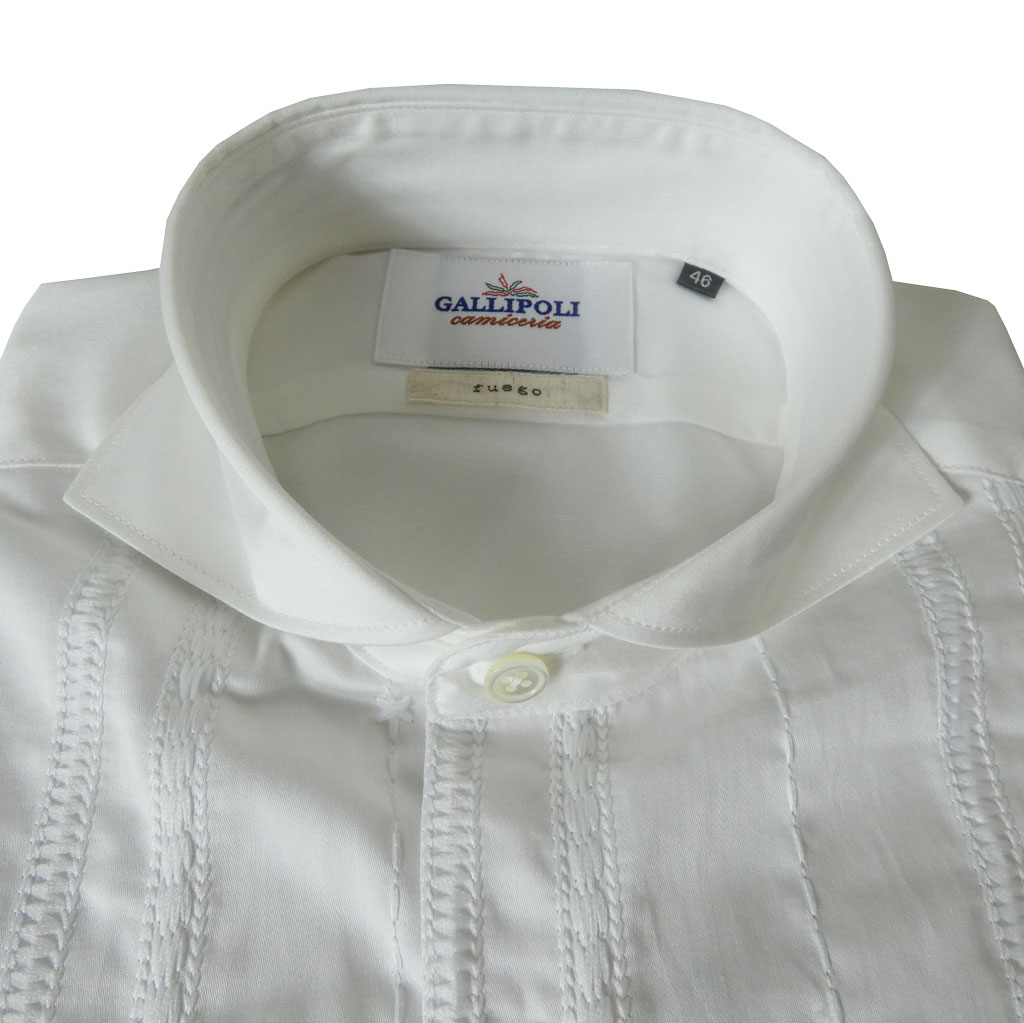 GALLIPOLI camiceria(ガリポリカミチェリア) 長袖シャツ メンズ ファンシーストライプ刺繍 ホリゾンタルカラー 綿100％ 白  2001　LL（50）