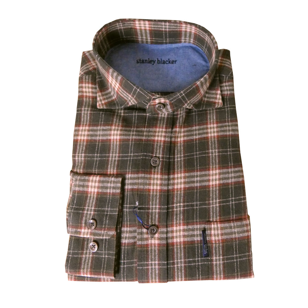 stanley blackerの長袖ネルシャツ ホリゾンタルカラー ダークブラウン×ベージュ×レッド チェック 0855　L  LL