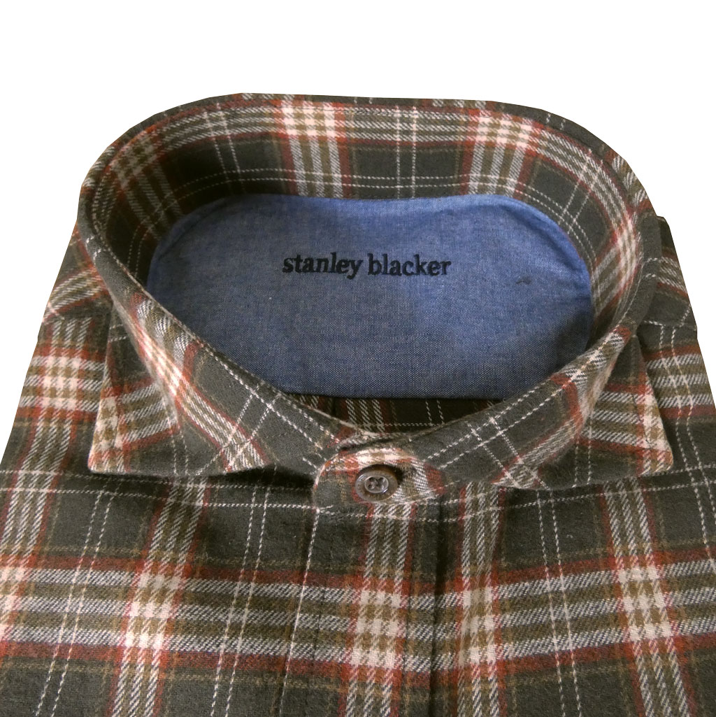 stanley blackerの長袖ネルシャツ ホリゾンタルカラー ダークブラウン×ベージュ×レッド チェック 0855　L  LL