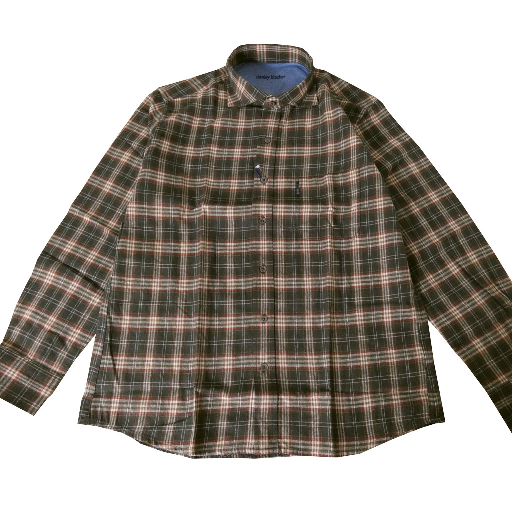stanley blackerの長袖ネルシャツ ホリゾンタルカラー ダークブラウン×ベージュ×レッド チェック 0855　L  LL