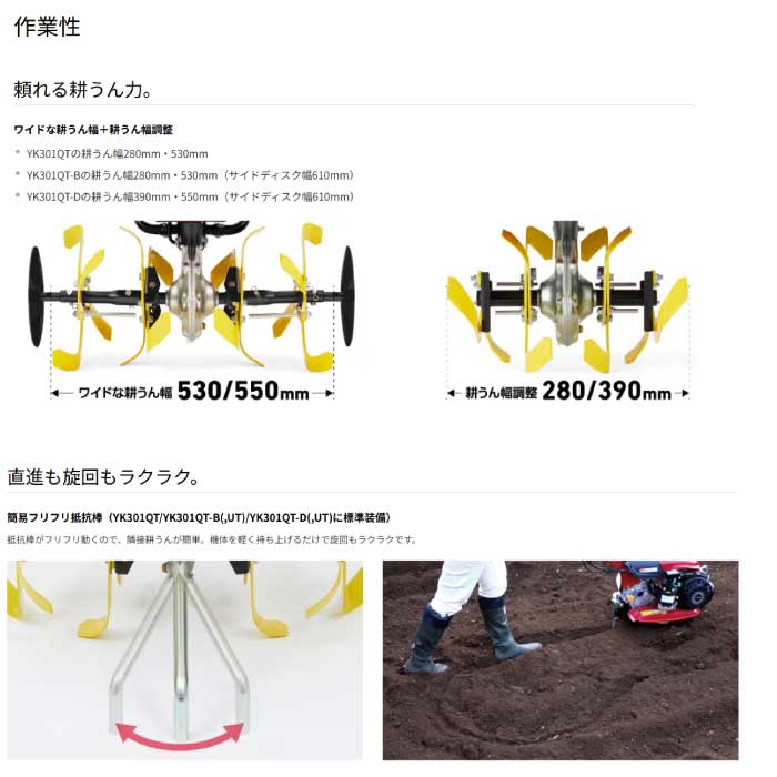 ヤンマー ミニ耕うん機 車軸作業タイプ YK301QT,UT(うね立て移動輪付き