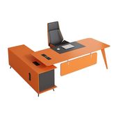 福居家具 法人様向け エグゼクティブデスク プレジデントデスク サイドキャビネット メラミン化粧板 幕板付き 多目的卓上コンセント スチール脚 ダイヤル錠 冷却ファン オレンジ カスタマイズ可能  車