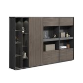 福居家具（フクイカグ）オフィスキャビネット　高級感　強化ガラス棚板　分類収納　メラミン化粧板　LEDライト　クローゼット　ハンガーパイプ　ブラウン　カスタマイズ可能　車上渡し