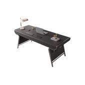 福居家具 法人様向け エグゼクティブデスク　プレジデントデスク　天然木使用　オーク材　レザー張りの天板　ステンレス鋼の脚部　ハの字構造　サイドポケット　卓上コンセント　ブラック　　 車上渡し 