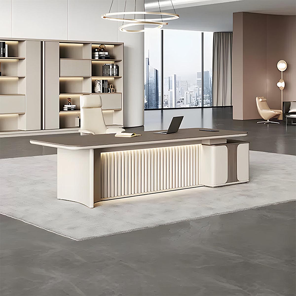 福居家具 法人様向け エグゼクティブデスク 社長デスク 役員デスク R仕上げ LED付き幕板 扉付き ダイヤル錠付き おしゃれ ホワイト  カスタマイズ可能 車上渡し 階上対応不可 の通販｜ 福居家具(フクイカグ)公式通販サイト