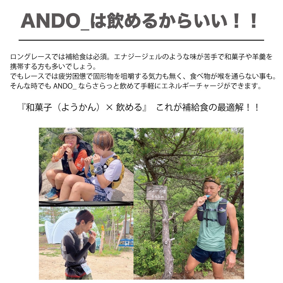 【日経MJでアスリートに最適な補給食として紹介されて大人気!】【送料込】エネルギー補給に！運動中でもさらっと飲めるスポーツ用ようかん　ANDO_50本　※10本単位で無塩・有塩を選べます。