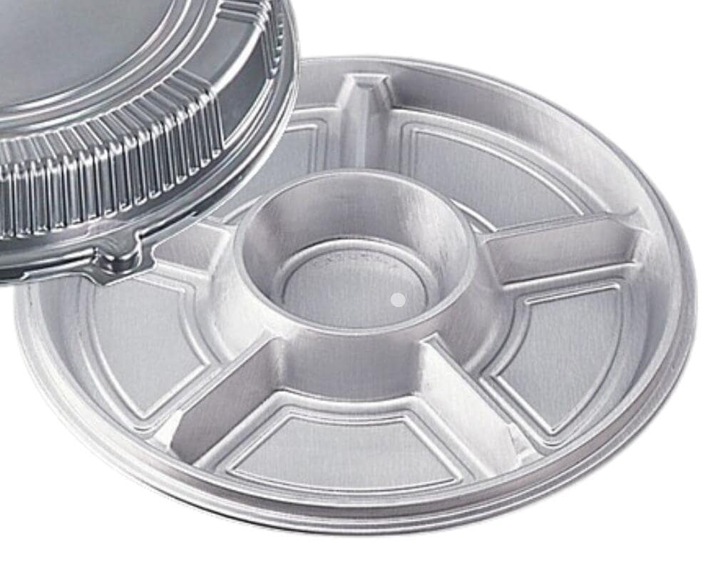 【セット】DX オードブル E 丸2 セット【20枚】オードブル皿 直径 410×高40(蓋68)mm 色: シルバー  テイクアウト クリスマス 正月 使い捨て ホテル 年末年始 宅飲み おせち 中央化学 皿 容器 お持ち帰り 年末 サイズ 銀 業務用 デリバリー 宅配