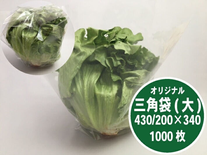 【1000枚】レタス袋 大 OPP ボードン 無地 三角袋 厚0.02×上幅430/下幅200×長340mm 新製品 【オリジナル】 レタス キャベツ ブロッコリー 底広 穴なし水抜き付  プラマークなし 防曇袋 野菜袋 出荷袋 三角 OPP ボードン